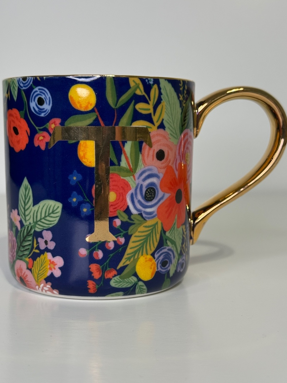 Rifle Paper Co for Anthropologie Monogram Floral Navy Gold T-Initial Mug
